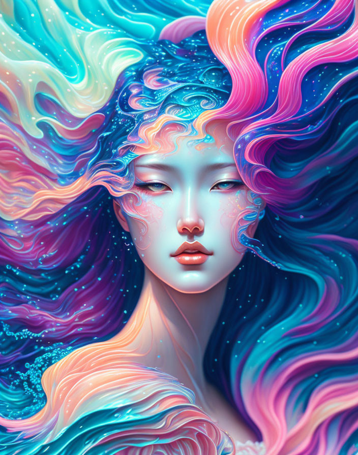 Colorful Digital Artwork: Woman with Galaxy Hair