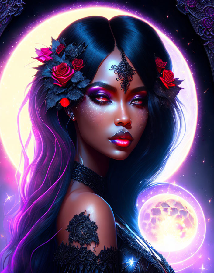 Fantastical image of woman with violet hair, rose crown, cosmic background.