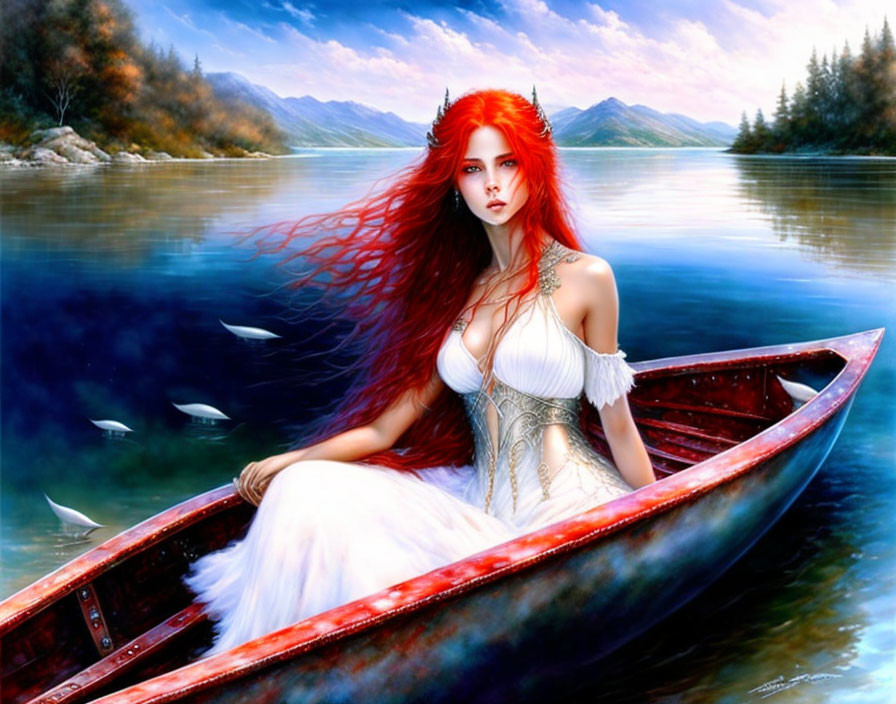 Red-haired woman in white dress sits in red canoe on tranquil blue lake surrounded by fish and serene forest