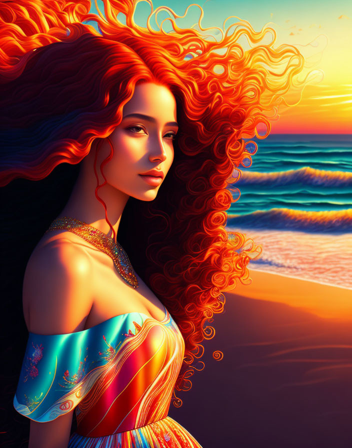 Colorful digital artwork: Woman with red hair at sunset by the seaside