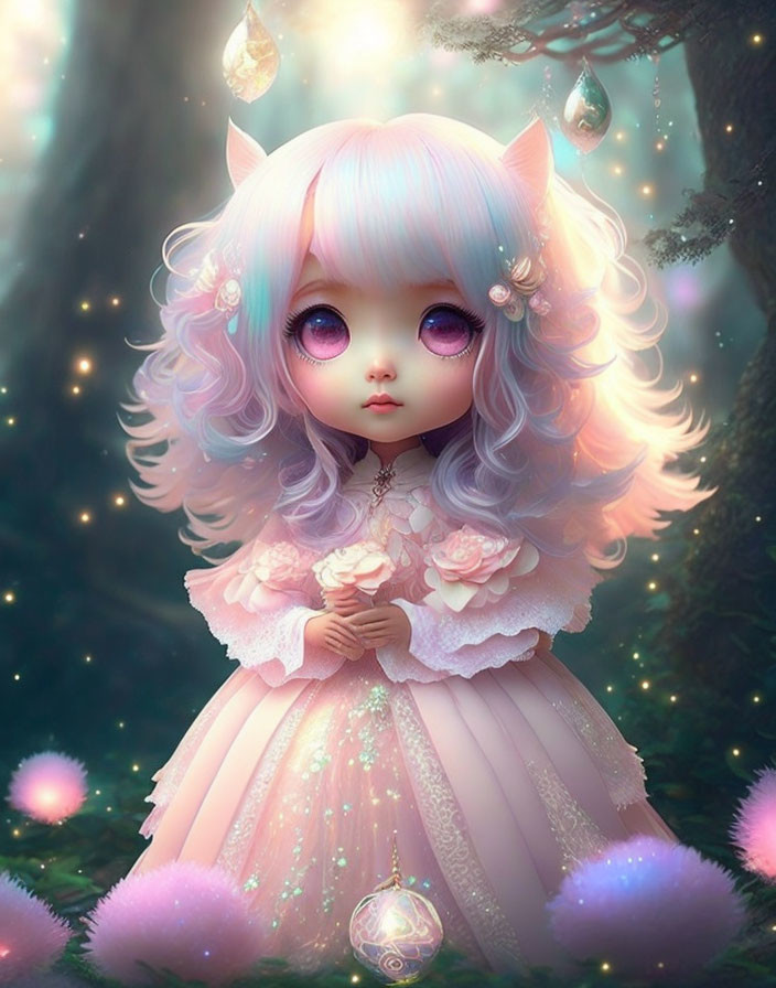 Character with Cat Ears and Purple Eyes in Mystical Forest