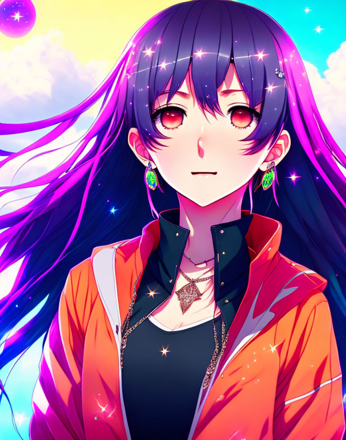 Young woman with purple hair and red eyes in orange jacket and star earrings against scenic sky.