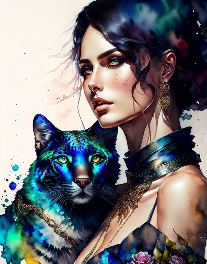 Stylized illustration of woman with dark hair and multicolored cat