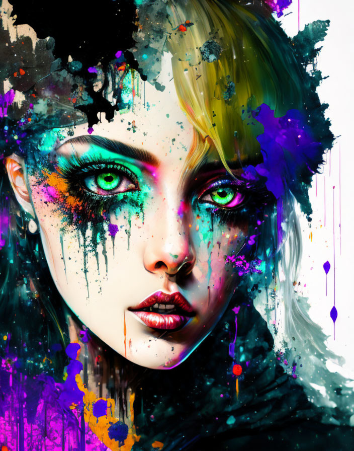 Colorful digital artwork: Woman's face with green eyes & paint splatters