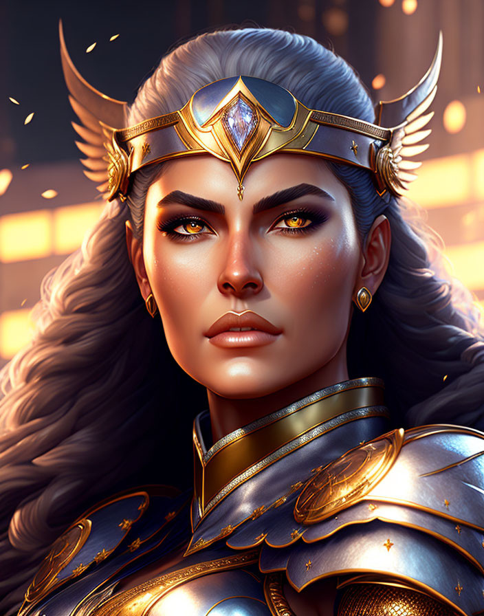 Detailed illustration: Woman in ornate golden armor, winged helmet, flowing hair, against warm backdrop