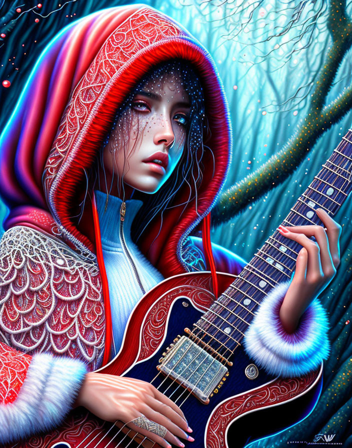 Stylized illustration of woman in hooded cloak playing electric guitar