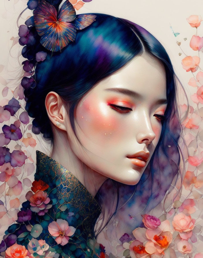 Vibrant makeup woman with flowers and butterfly art