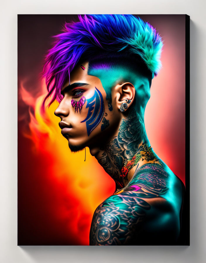 Colorful portrait of person with purple and blue hair, face paint, piercings, and tattoos