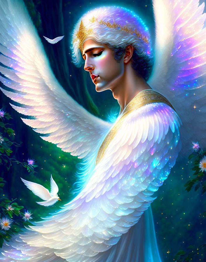 White-winged angel with golden crown amidst glowing butterflies in enchanted forest.