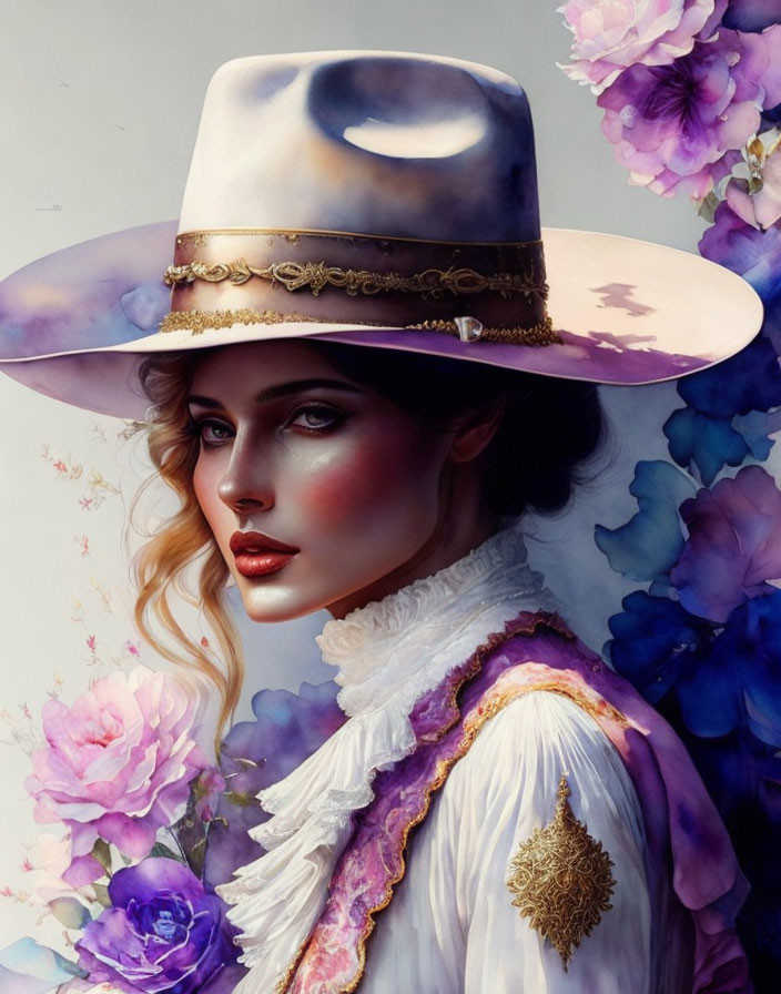 Striking woman portrait with wide-brimmed hat in lush purple flower backdrop