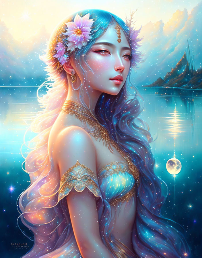 Blue-haired female figure with floral adornments in mystical water setting.