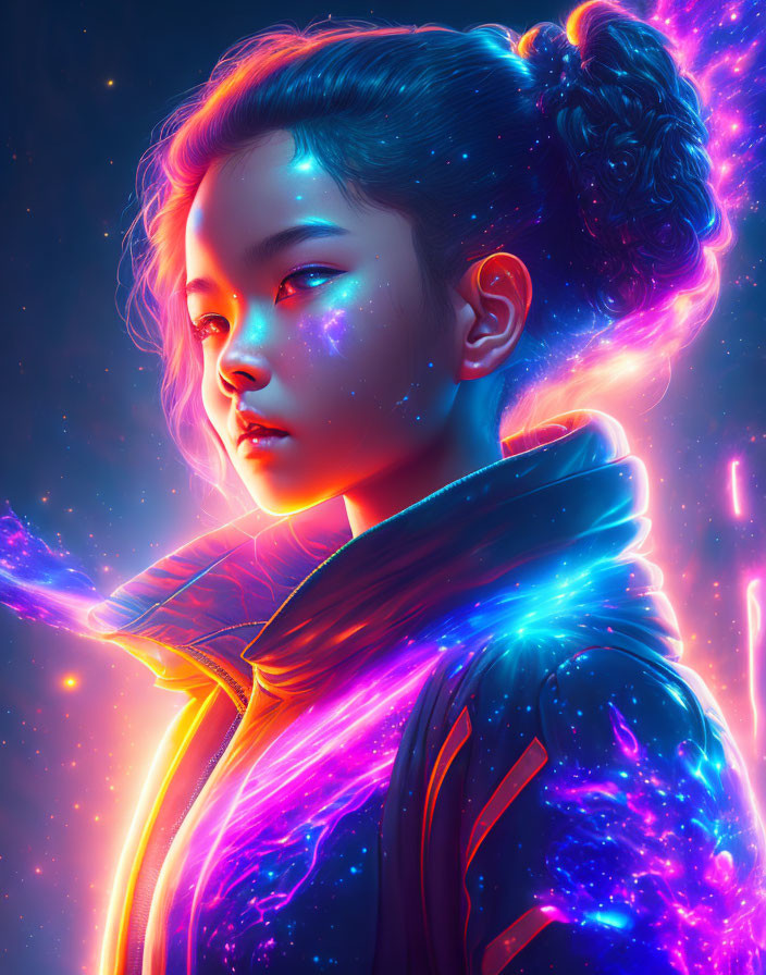 Galaxy-themed digital portrait of a girl with cosmic energy.