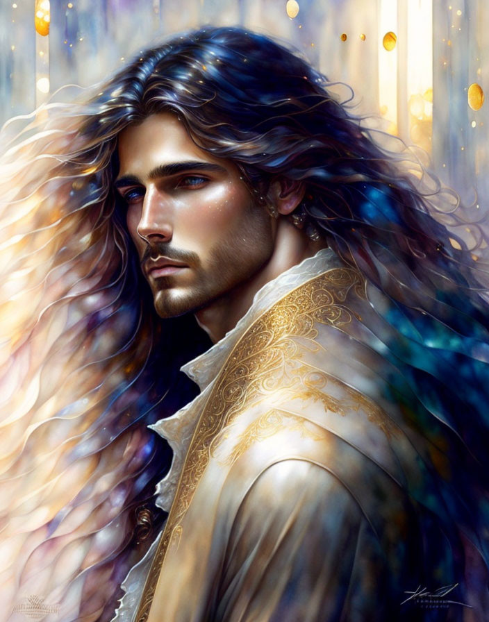 Detailed illustration of man with long wavy hair and blue eyes in white and gold cloak.