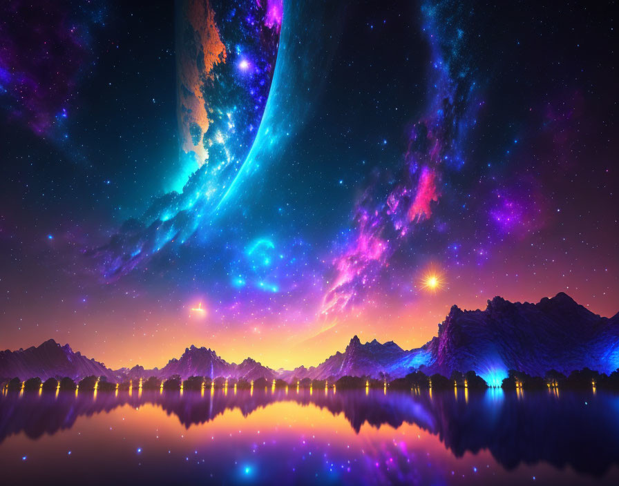 Digital artwork of mountainous landscape under starry sky with large celestial body reflecting in lake