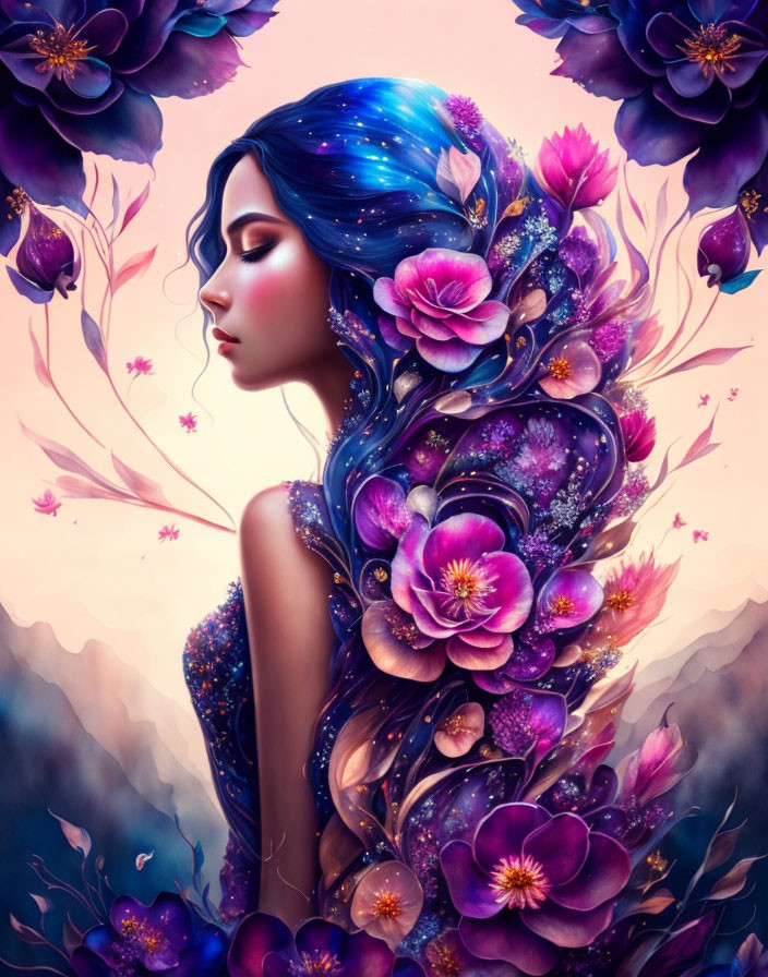 Surreal illustration of woman with blue hair and purple flowers in floral background