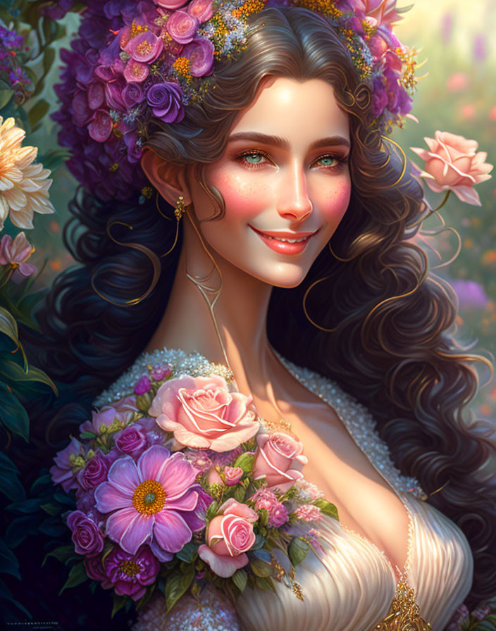 Smiling woman with floral crown and bouquet in front of blossoms