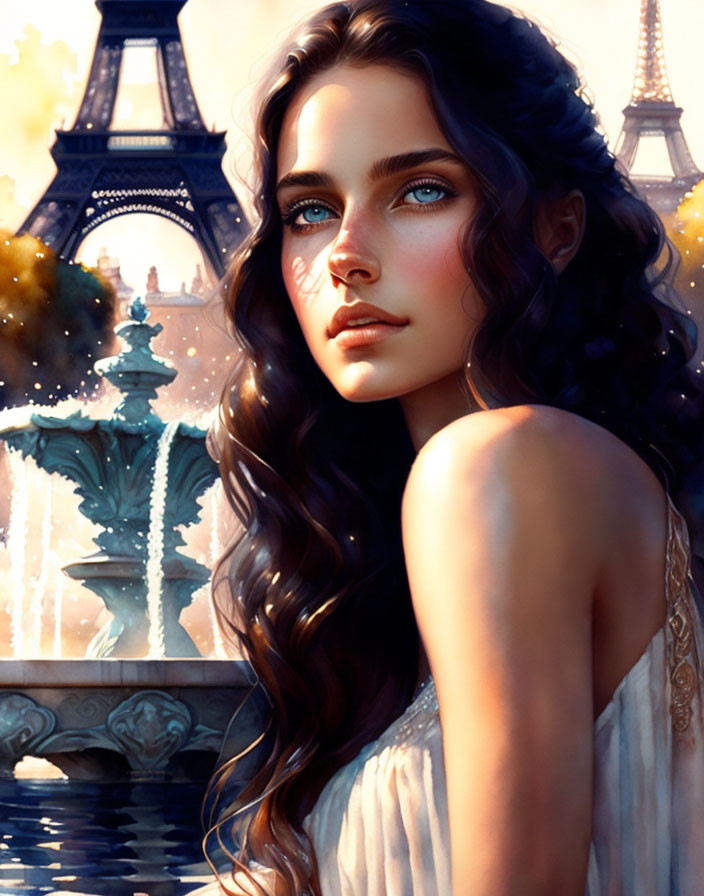 Woman with deep blue eyes and curly hair in front of Eiffel Tower and fountain in golden light