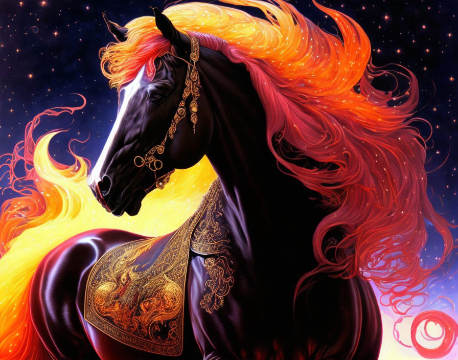 Majestic black horse with fiery orange mane and golden ornamental bridle.