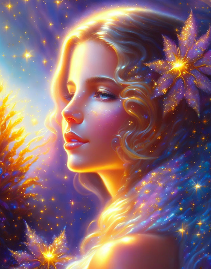 Golden-haired woman in celestial-themed digital portrait