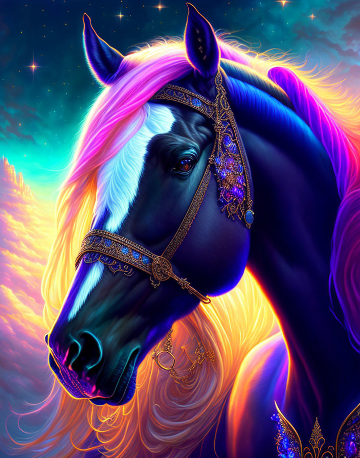 Majestic horse with pink and gold glowing mane in cosmic setting