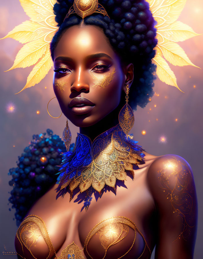 Woman adorned with golden tattoos and jewelry in glowing aura with sparkles and foliage.