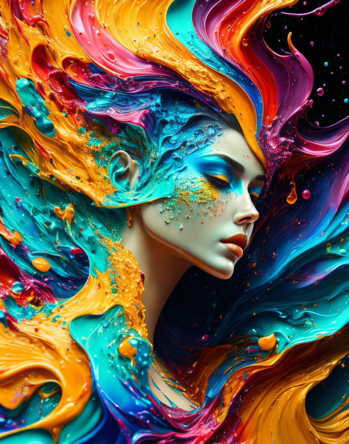 Colorful digital artwork: Woman's profile with hair and skin blending into vibrant swirls.