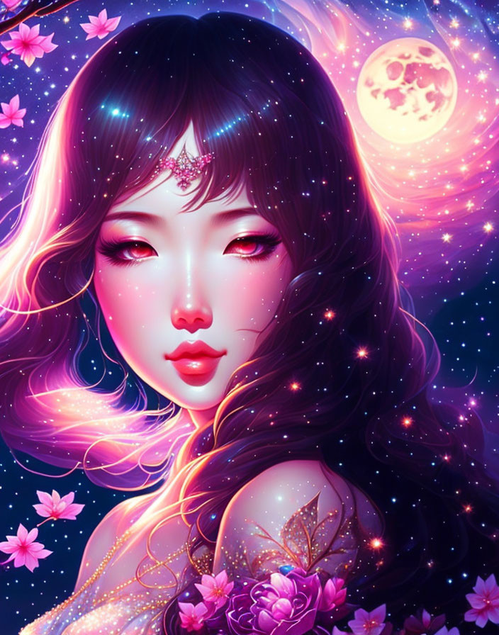 Cosmic-themed digital art of a woman with flowing starry hair