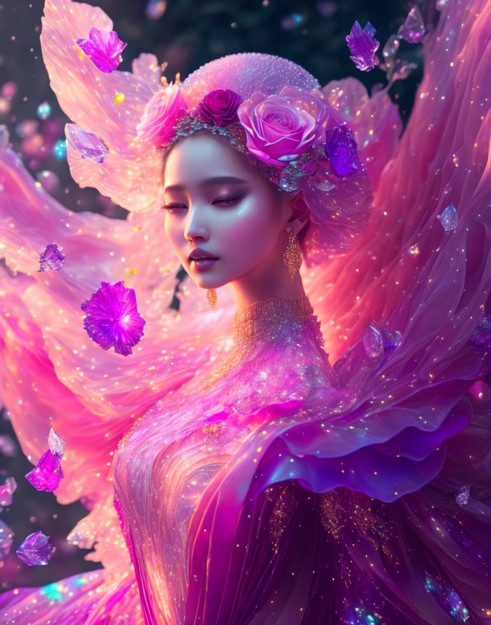 Digital artwork: Woman with pink flowers, violet wings, and gown in dreamlike glow