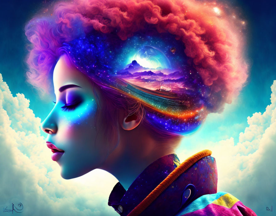 Digital artwork: Woman's profile merges with cosmic universe, stars, galaxy, celestial colors.