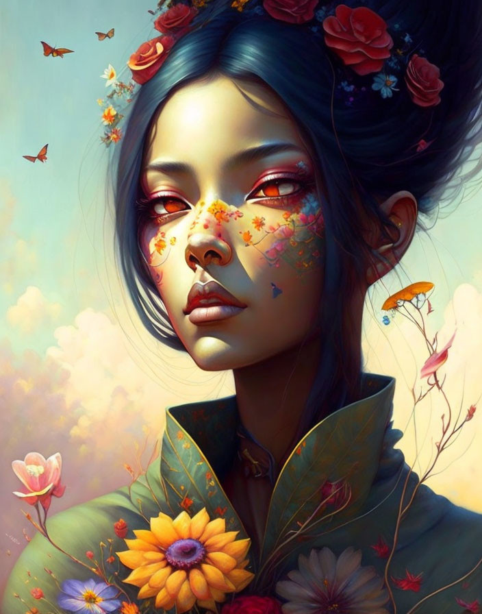 Illustrated portrait of woman with flowers and butterflies, blending natural and fantastical elements in warm tones