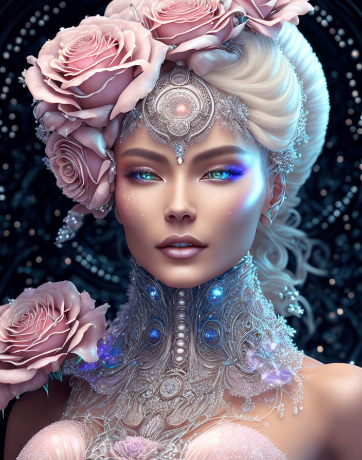 Fantastical female figure with iridescent makeup and ornate headdress.