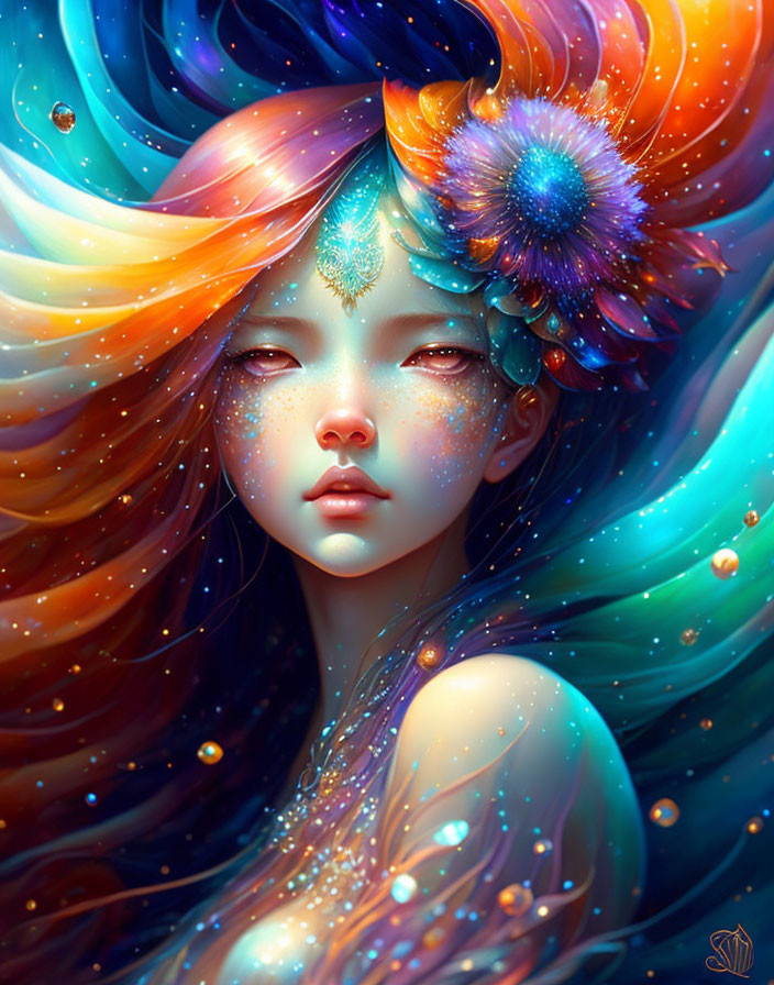 Colorful portrait of female figure with flowing hair and starry skin