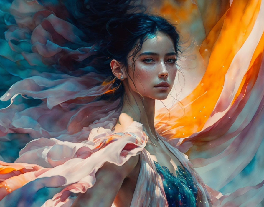 Ethereal woman in vibrant, fiery colors and delicate fabric