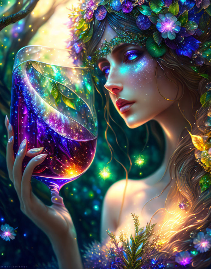 Mystical woman with floral jewelry holding swirling galaxy goblet in enchanted forest.