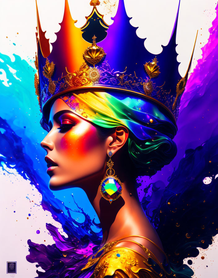 Colorful digital artwork: Woman with crown and earring