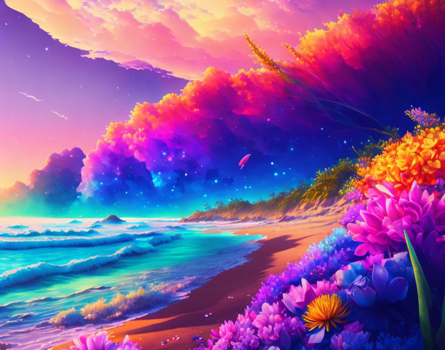 Colorful Beach Scene with Sunset, Starry Sky, Flora, and Ocean Waves