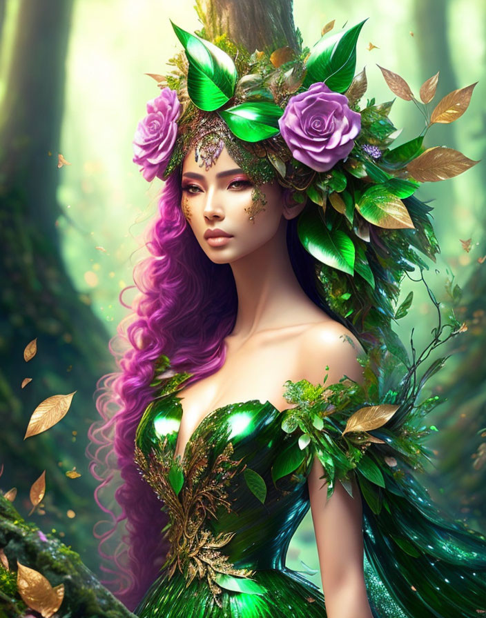 Fantasy portrait of woman with purple hair in forest setting