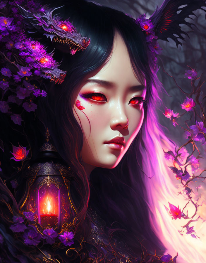 Fantasy illustration of woman with red eyes, dragon, lantern & purple flowers