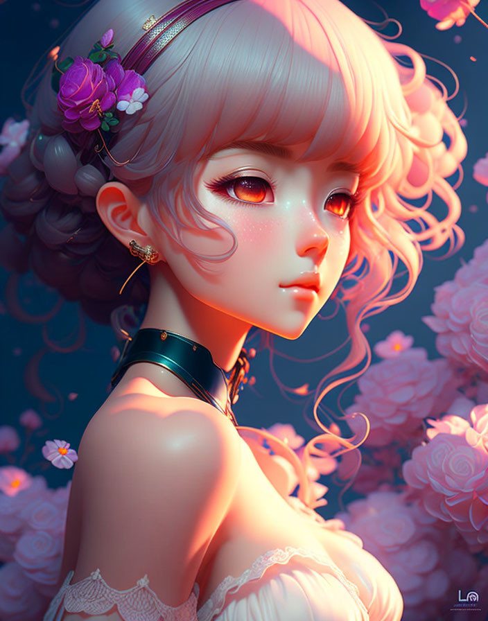 Illustration of a girl with large eyes, floral hair accessories, choker, against pink floral backdrop