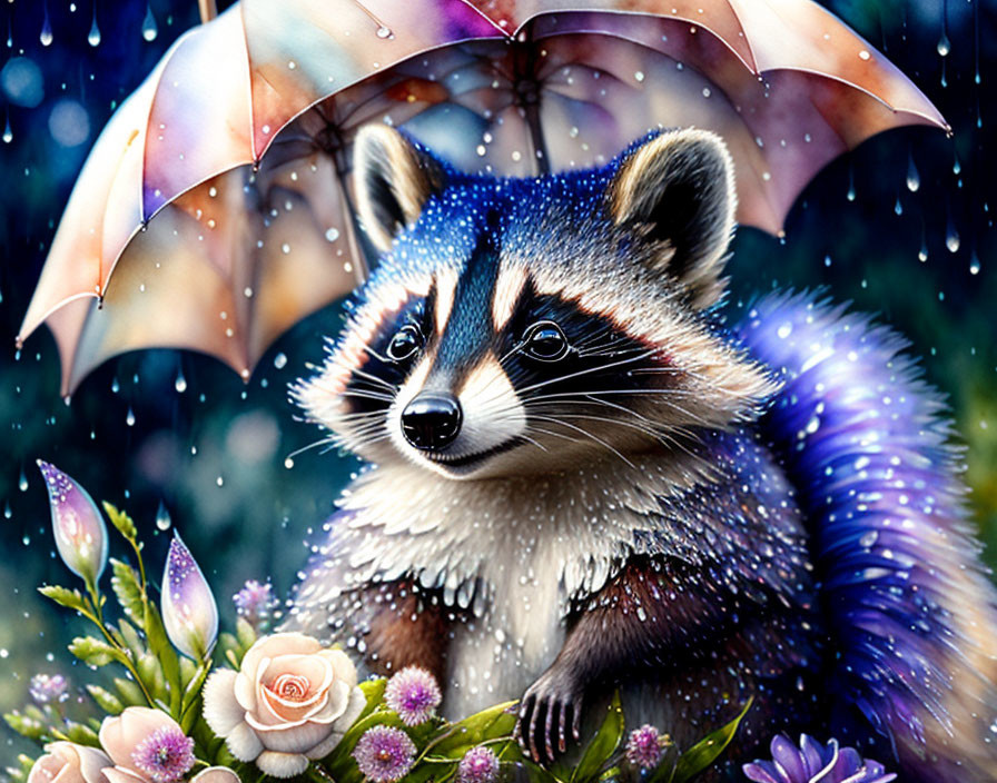 Digital art: raccoon with colorful umbrella in rainy scene