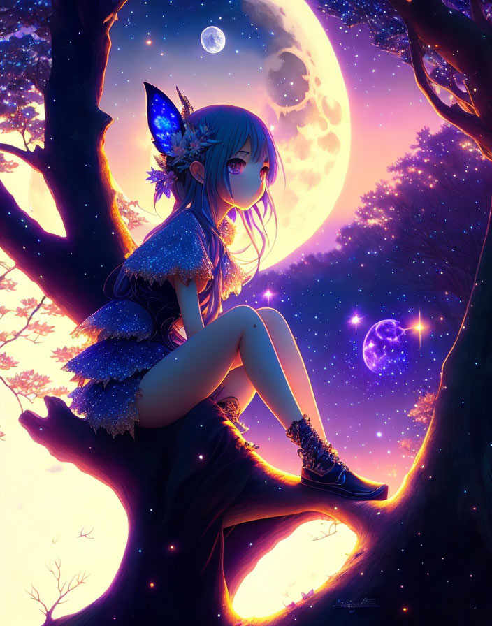 Blue-haired fairy with wings on tree branch under full moon