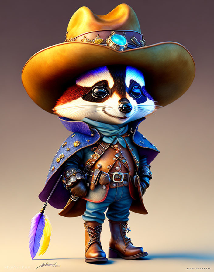 Detailed cowboy outfit on anthropomorphic raccoon in ornate jacket