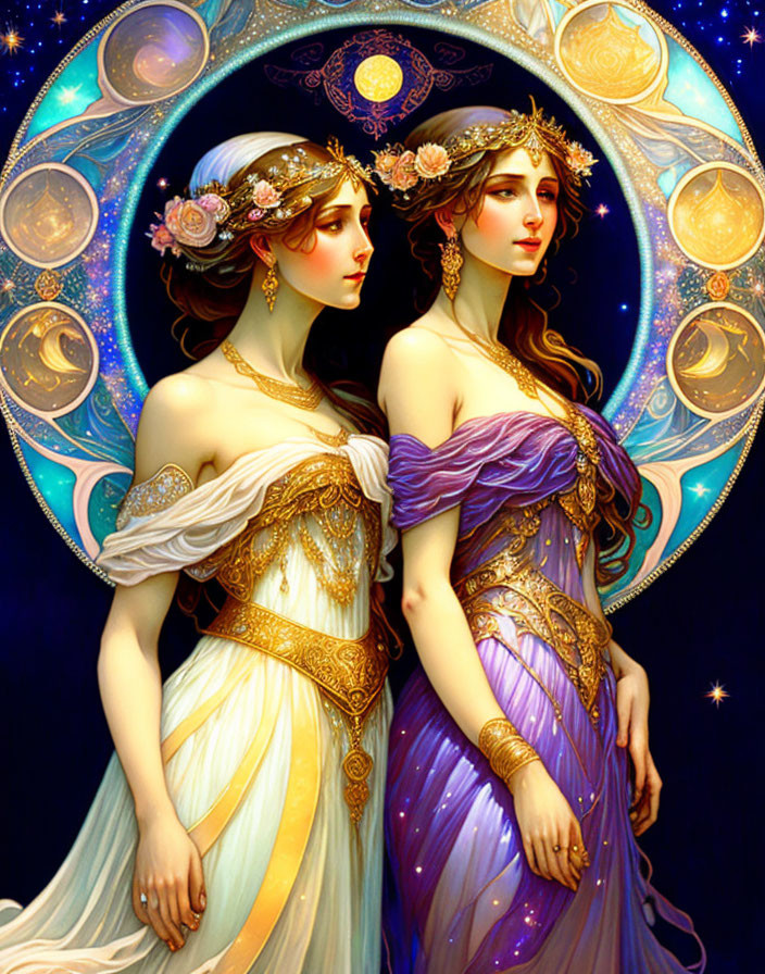 Ethereal women with celestial headdresses in art nouveau style