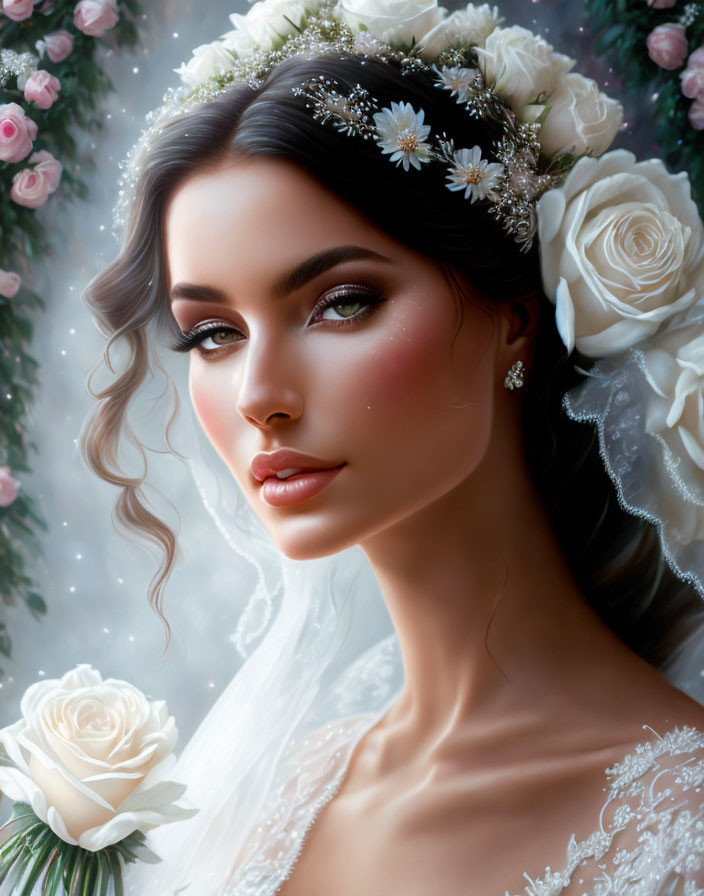 Dark-haired bride in floral headpiece among roses: elegant beauty.