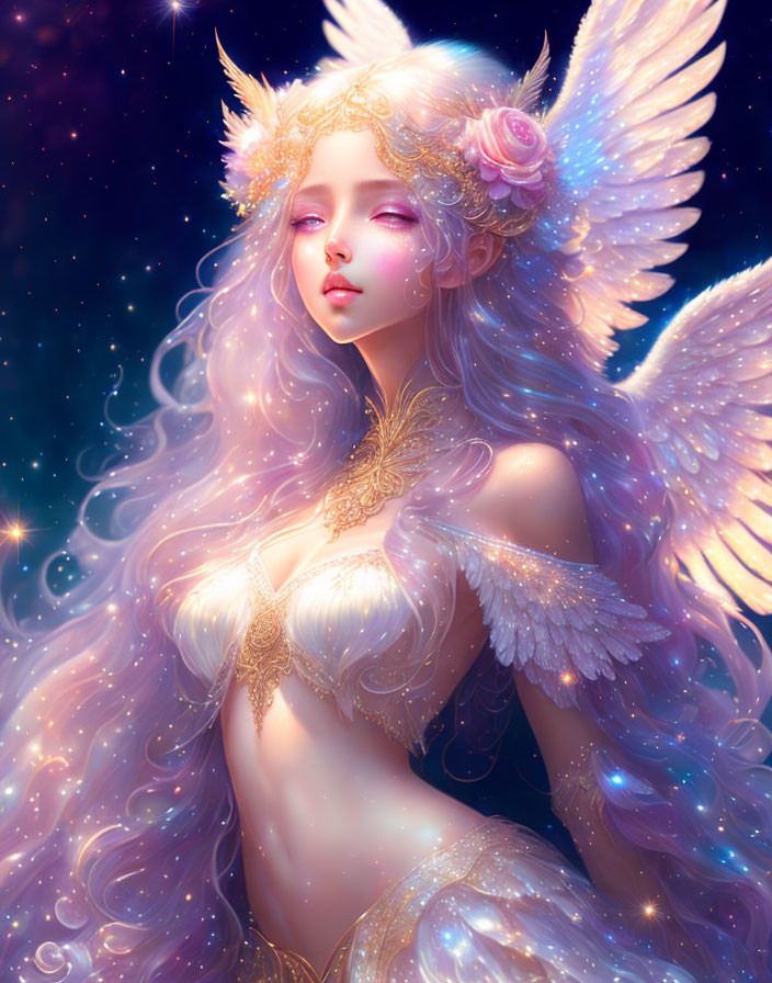 Ethereal fantasy creature with long wavy hair and delicate wings.