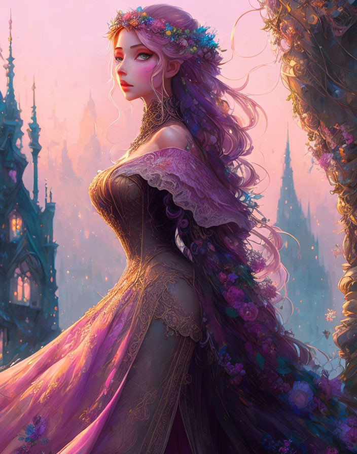 Woman in Purple Gown with Floral Crown at Fairytale Castle