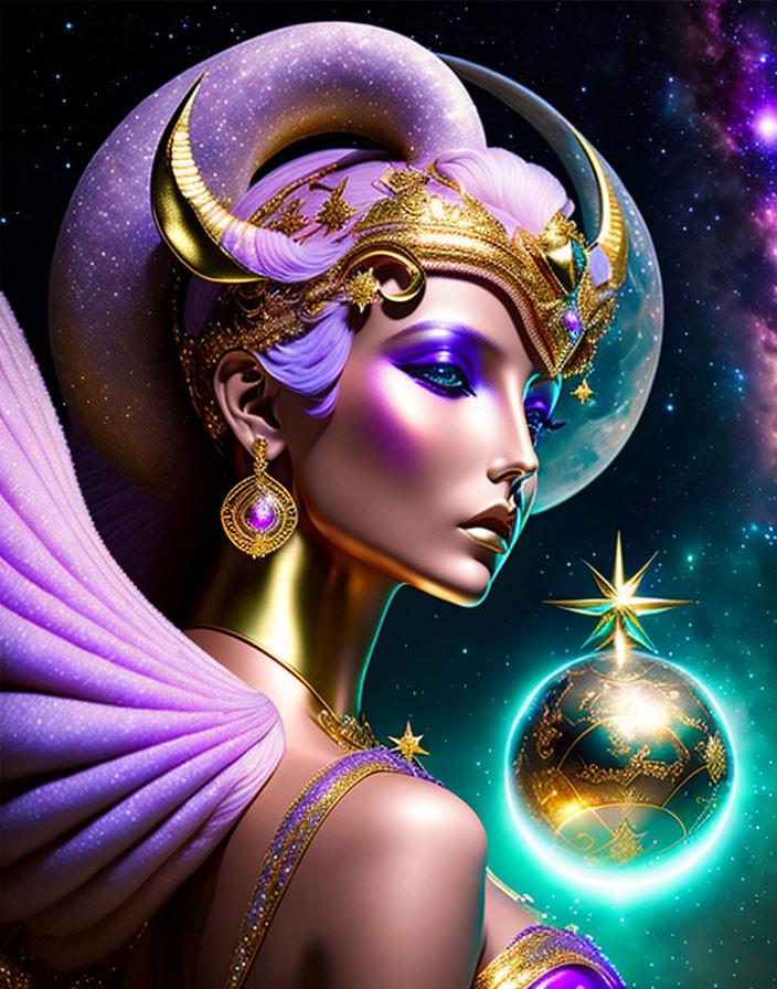 Illustration: Woman with golden horns and jewelry on cosmic background