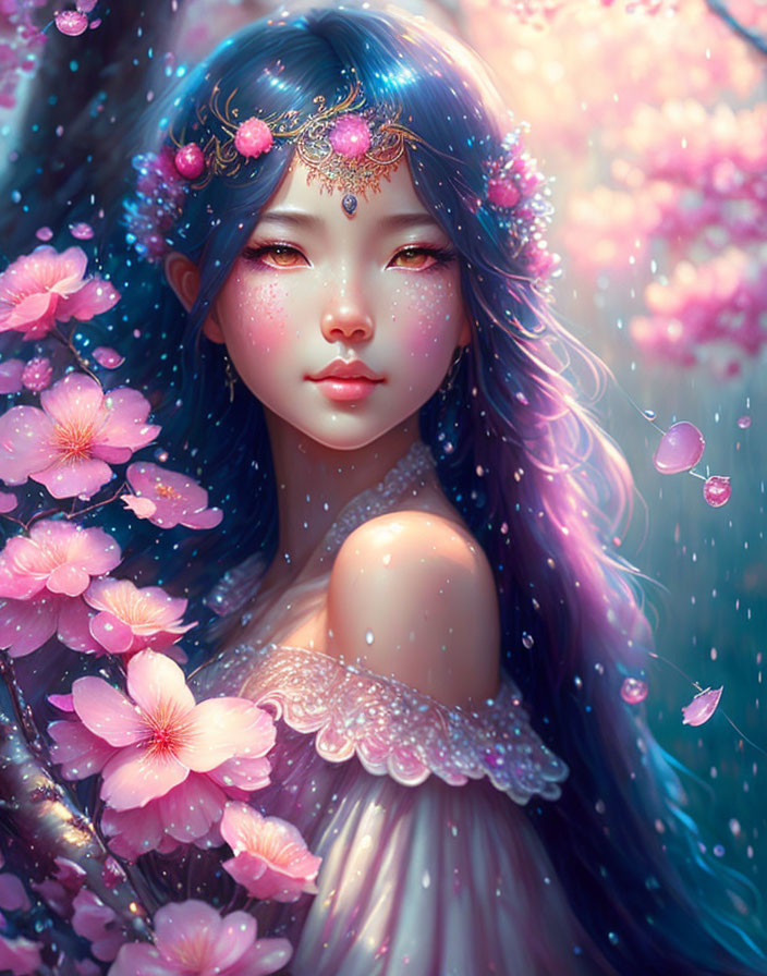 Fantasy female character with blue hair in pink blossoms scenery.