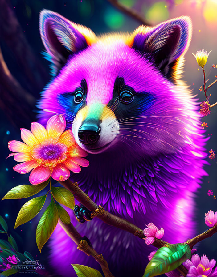 Colorful Raccoon Holding Pink Flower in Blossoming Scene