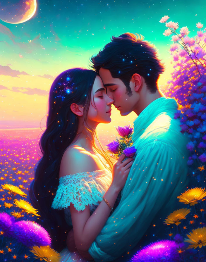 Illustrated characters kissing under starlit sky with crescent moon.